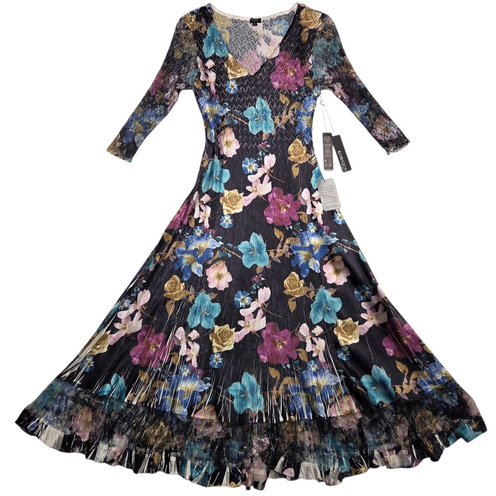 New Komarov Pleated Floral Midi Dress Womens L Black Lace‎ Sleeve V-Neck Crinkle